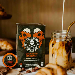 Death Wish Coffee pod inserted into Keurig-style brewer for fast single-serve convenience