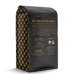 Death Wish Coffee whole beans on scale indicating 5 lb bulk value and freshness