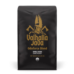 Death Wish Coffee Valhalla Java bag front view showing branding and roast benefits