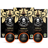 Death Wish Coffee front packaging showing bold vanilla branding and fair trade badge