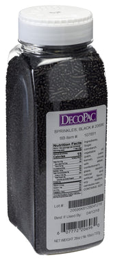 DecoPac black sprinkles front packaging showing resealable 26 oz jar and clear label, dependable freshness