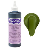DecoPac bottle front view showing olive green gel and benefit of easy dispensing