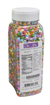 DecoPac handheld jar of pastel quins showing packaging and pour spout, convenient use