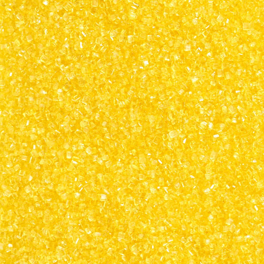 DecoPac yellow sanding sugar shaker front, bright color for eye-catching cakes