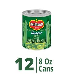 Del Monte BLUE LAKE open can top-down view showing bright green beans, ready-to-serve
