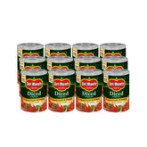 Del Monte front packaging showing label and seasoned diced tomatoes for easy cooking