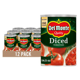 Del Monte front packaging showing diced tomatoes and sea salt, convenient pantry staple