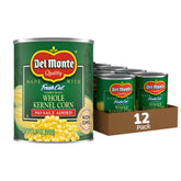 Del Monte front packaging showing label and pack of twelve, convenient pantry staple