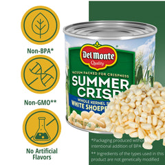 Del Monte open can with whole white shoepeg kernels ready to use, quick meal benefit