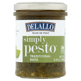 DeLallo pesto olive oil jar front view showing label and size, highlights convenience