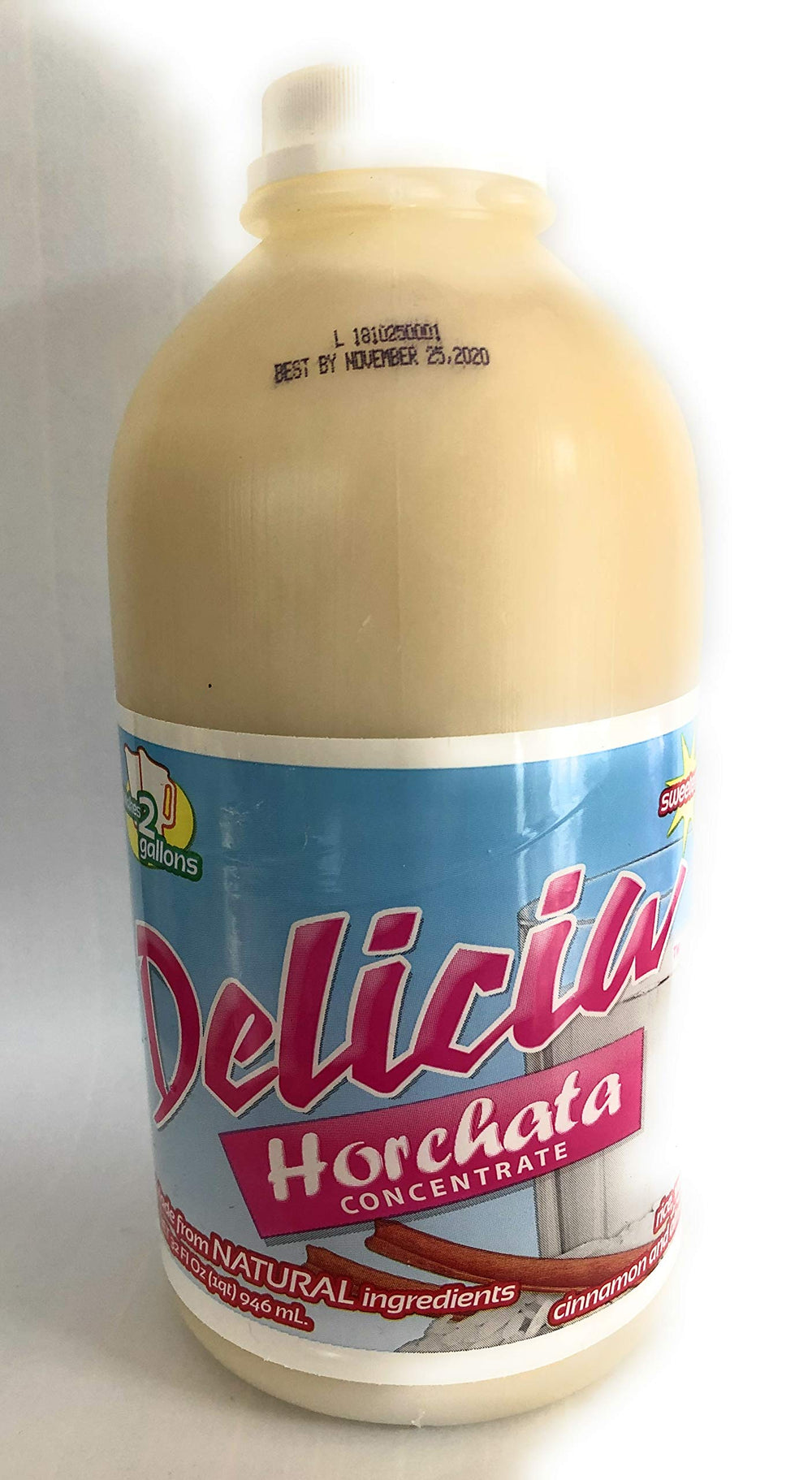 Delicia horchata 32 oz bottle front view showing label and two-gallon yield