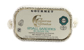 Delicioso tin front view showing label and compact 4 oz size, easy storage