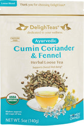 DelighTeas front tin showing organic CCF tea packaging and clear labeling benefit