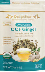 DelighTeas tin front view showing brand and organic CCF tea benefits