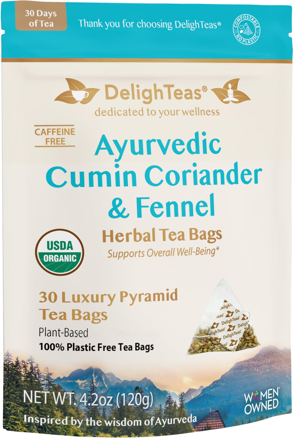 DelighTeas front packaging showing organic CCF tea and eco benefits