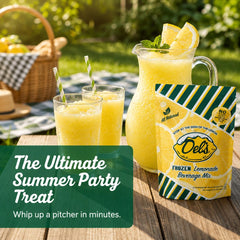 Del's Lemonade packet next to measuring cup illustrating single-serve 2 oz portions