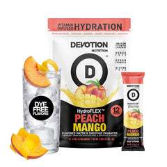 Devotion Nutrition front packaging showing peach mango flavor and 12-pack convenience