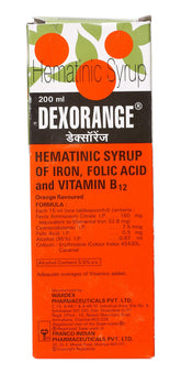 Dexorange front bottle showing orange-flavored iron syrup and clear labeling benefit palatability