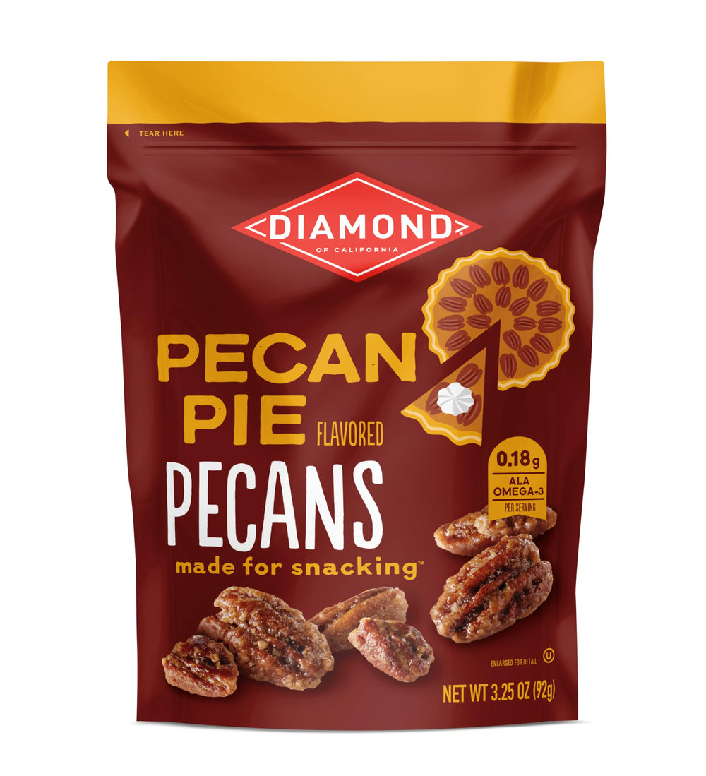Diamond of California front packaging showing four 3.25 oz glazed pecan bags for easy snacking