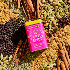 Diaspora Spice Co. open bag with a heap of chai masala, highlighting fresh grind and ready-to-use convenience