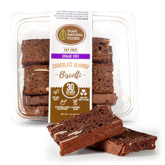 DIJAS Natural Food front packaging showing chocolate almond biscotti and benefits