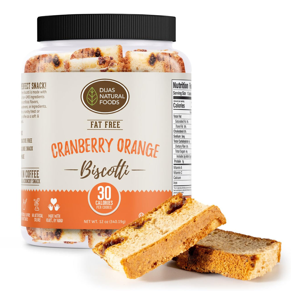 Dijas Natural Food front packaging showing cranberry orange biscotti and benefits
