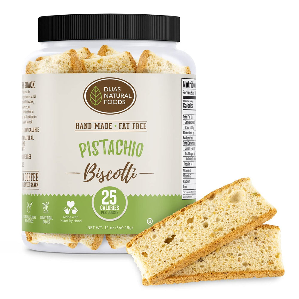 Dijas Natural Food front packaging showing pistachio biscotti and benefits