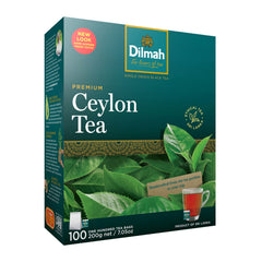 Dilmah front packaging showing 100 tea bags and bold Ceylon identity benefit freshness