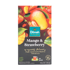 Dilmah front box showing mango and strawberry flavor and convenient 20 bags