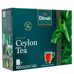Dilmah tea bag close-up with tag showing brand and easy steeping benefit