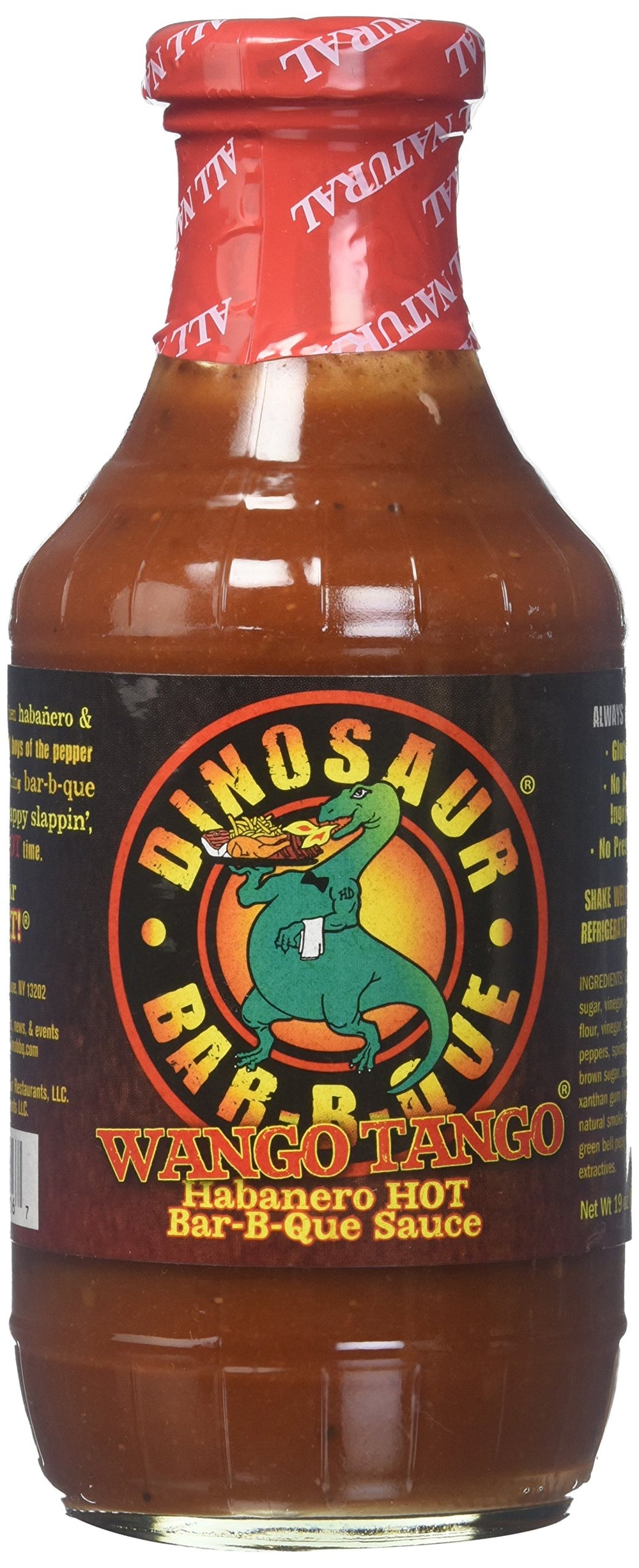 Dinosaur Wango Tango bottle front pour showing glossy sauce for bold flavor
