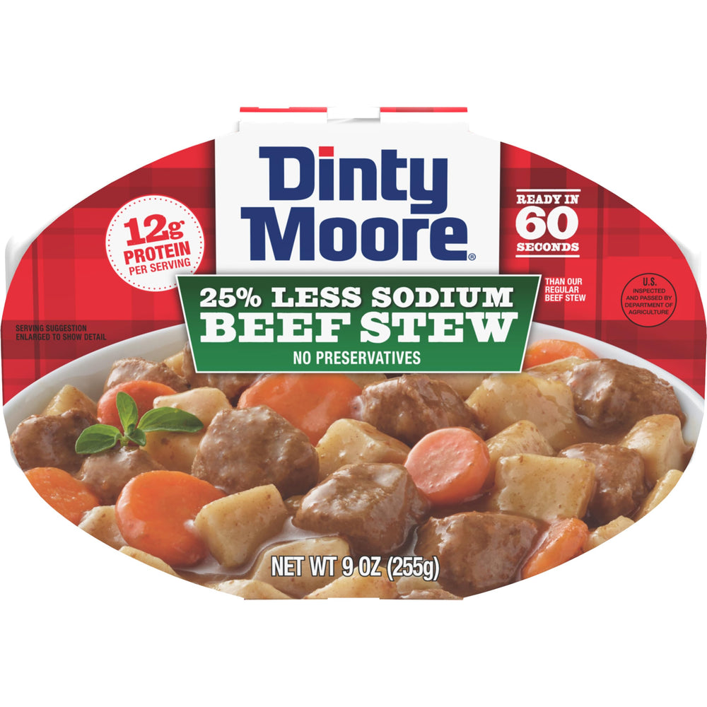 Dinty Moore front packaging showing convenient 9oz tray and 6-pack benefit