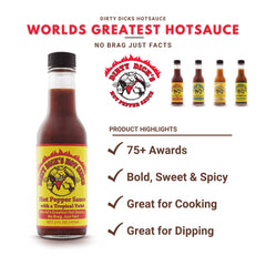 Dirty Dick's Original bottle close-up highlighting label and fruity-habanero texture benefit: vibrant flavor