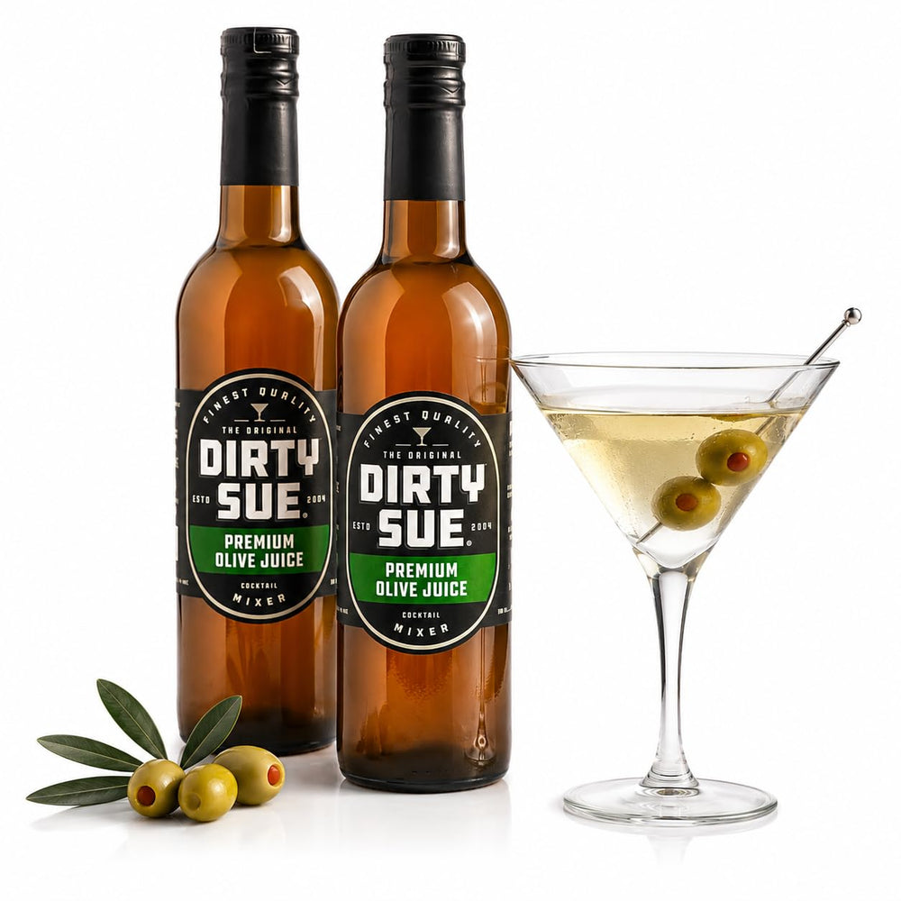 Dirty Sue front packaging in glass bottle shows professional bar presentation and quality