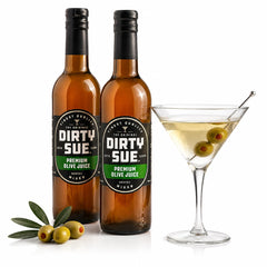 Dirty Sue front packaging in glass bottle shows professional bar presentation and quality