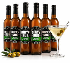 Dirty Sue front packaging showing six glass bottles, clear and professional