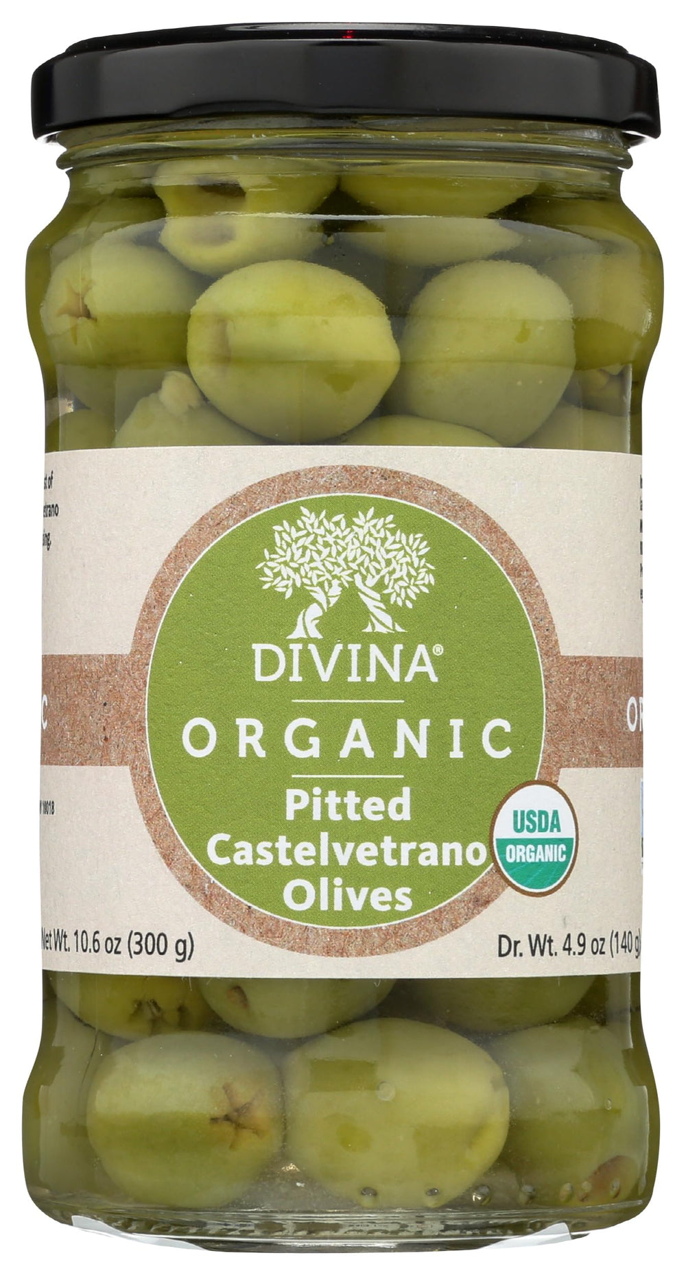 Divina Castelvetrano front jar showing label and bright green olives for snacking