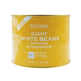 Divina front packaging showing 4.4 lb tin and product name, highlights pantry convenience