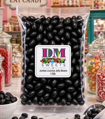 DM Sweets black licorice jelly beans in apothecary jar for striking party display contrast