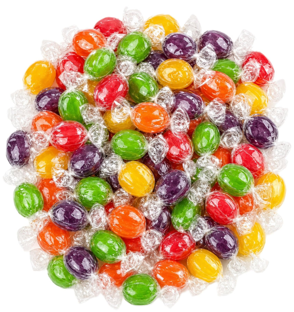 DM Sweets front of bag showing colorful assorted fruit hard candy and easy sharing