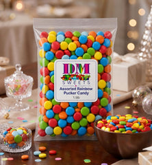 dm sweets open bag spilling colorful candies to show quantity and freshness