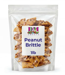 DM Sweets close-up of peanut brittle texture highlighting roasted peanuts and crisp caramel