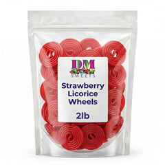 DM Sweets open bag revealing bright red licorice wheels, ready to serve