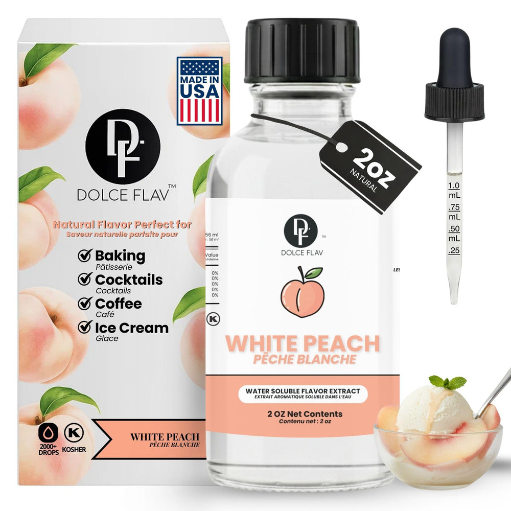 Dolce Flav front bottle showing compact 2 oz peach extract, concentrates flavor