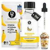 Dolce Flav front bottle view showing clear banana flavor label and compact size benefit