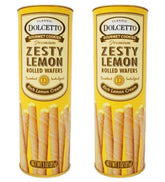 dolcetto front packaging showing two 3 oz lemon rolled wafers, portable snack convenience