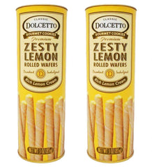 dolcetto front packaging showing two 3 oz lemon rolled wafers, portable snack convenience