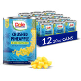 Dole crushed pineapple front packaging showing label and 20 oz can, convenient pantry staple