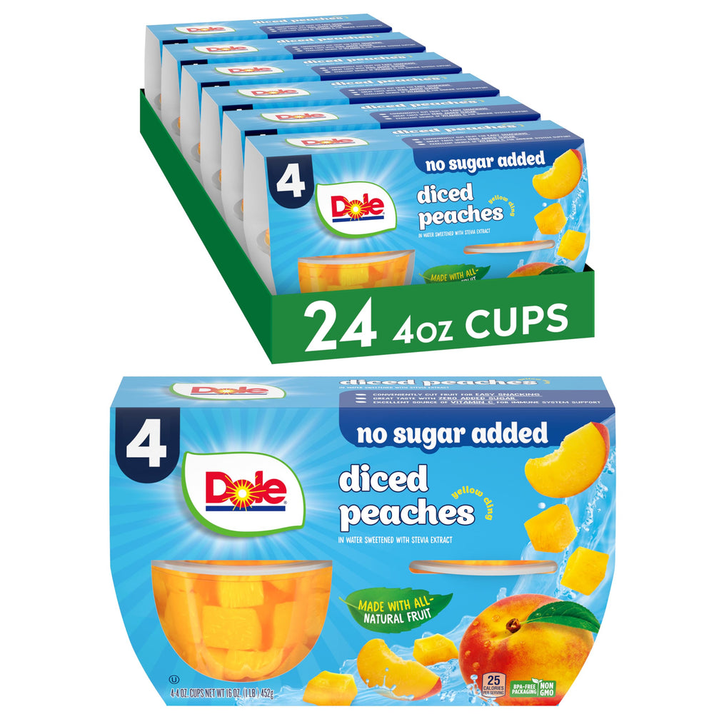 Dole front packaging of diced peaches showing 24-count bulk convenience and freshness