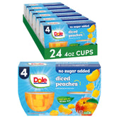 Dole front packaging of diced peaches showing 24-count bulk convenience and freshness
